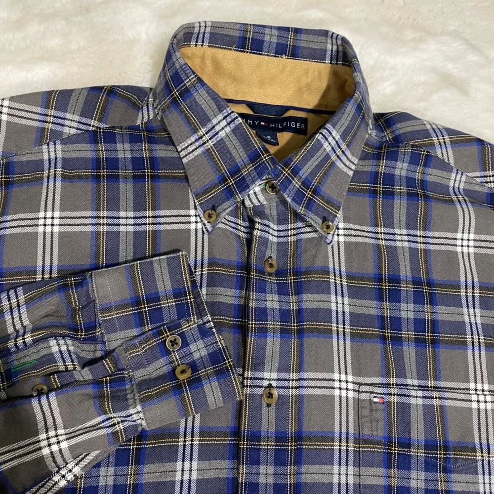 Tommy Hilfiger Blue Gray Plaid Button‎ Up Long Sleeve Casual Shirt Mens Large
